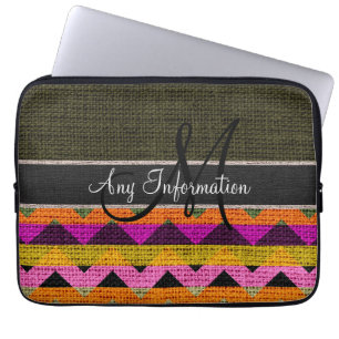 Monogram Mörk grönt Chevron Zigzag Burlap Jute Laptop Sleeve