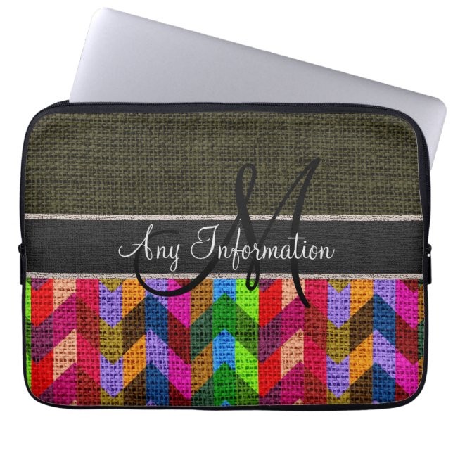 Monogram Mörk grönt Chevron Zigzag Burlap Jute Laptop Sleeve (Framsidan)