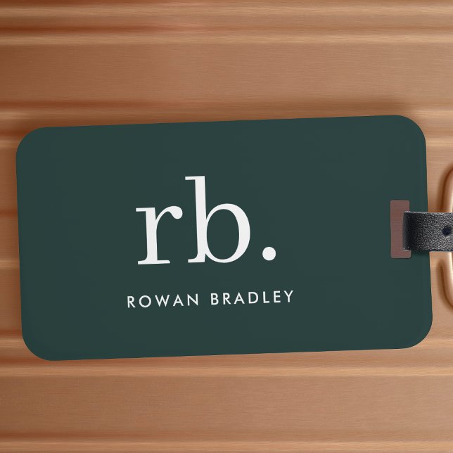 Monogram Mörk grönt Snyggt Modern Minimalist Bagagebricka (Stylish dark green custom monogram luggage tags, for business or personal use.)
