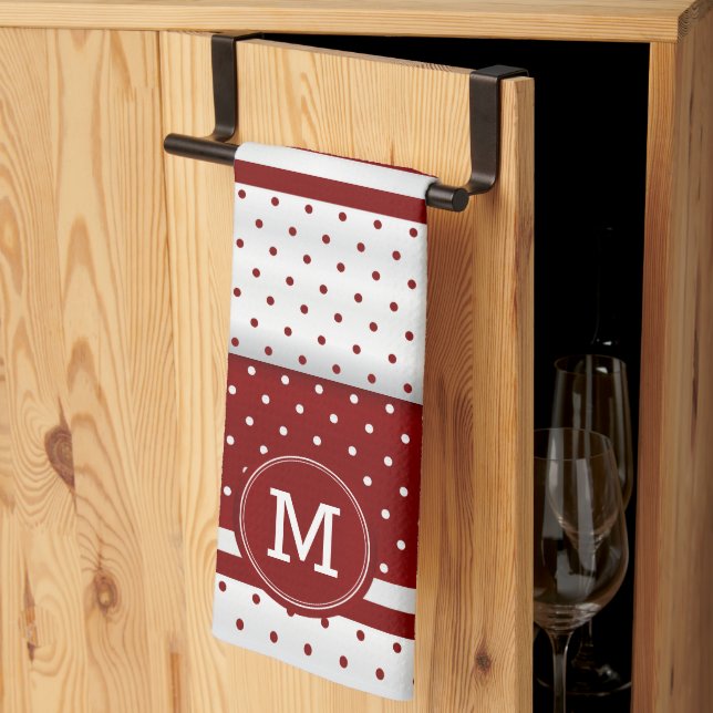 Monogram Mörk Red and White Polka Dot Kökshandduk (Thirds Fold)