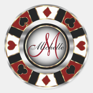 Monogram Mörk Red Casino Poker Chip Design Runt Klistermärke