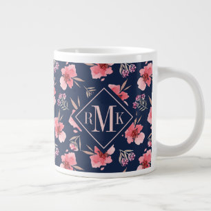 Monogram  Mörk Rosa Watercolor Mönster Jumbo Mugg
