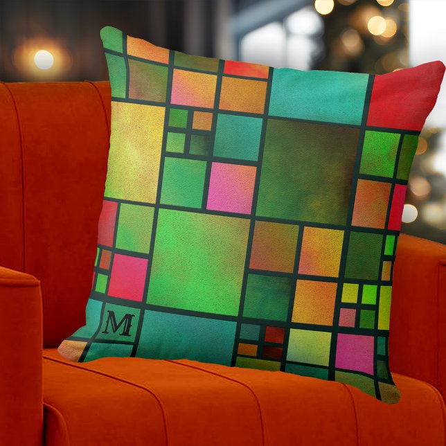 Monogram Mosaic Geometric Mönster Pillow Kudde (Modern colorful checkered pillow featuring a geometric mosaic pattern with watercolor effects)