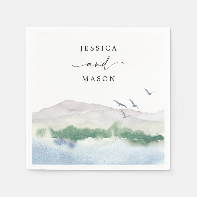 Monogram Mountain Sjö Bröllop Cocktail Napkin Pappersservett (Framsidan)