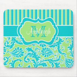 Monogram Mousepad för grön vit för blått randig Musmatta