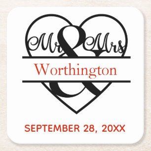 Monogram Mr och Red Black Bröllop Underlägg Papper Kvadrat