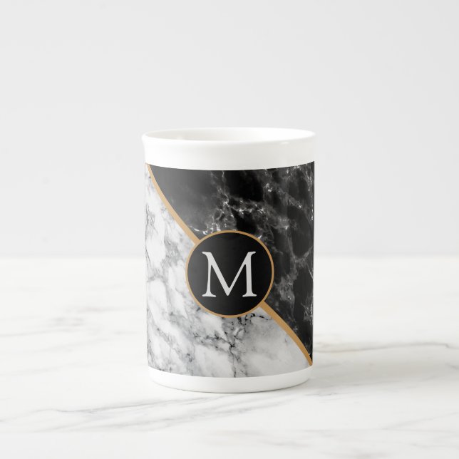 Monogram Mugg - Svartvit marble Stone Benporslin Mugg (Framsidan)