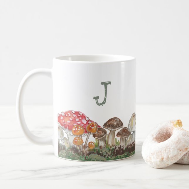 Monogram Mushroom Art Fall Nature Tan Sage Rustic Kaffemugg (Med munk)