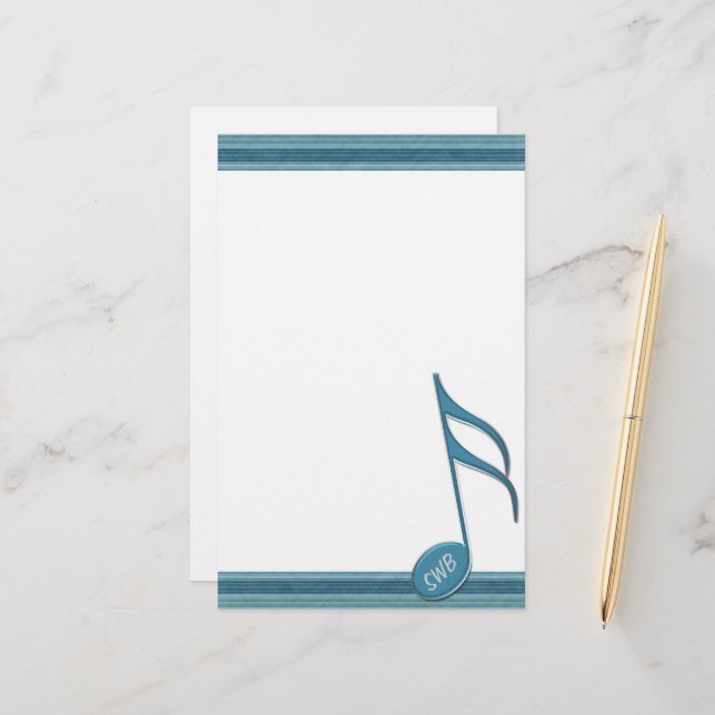 Monogram Music Note och Rand i Blå nyans Brevpapper (Fram/Back In Situ)