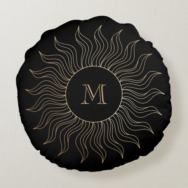 Monogram My Sol och Måne Celestial Guld Black Rund Kudde (Baksidan)