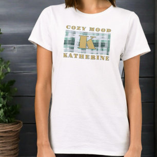 Monogram mysigt humörstämning grönt vit plaid tart t shirt