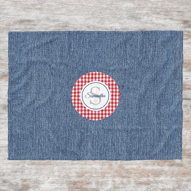 Monogram, Mysigt utskrift av blå denim och röd kon Fleecefilt (Skapare uppladdad)