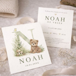 Monogram N Beer Bosdier Waterverf Geboortekaartje Kort