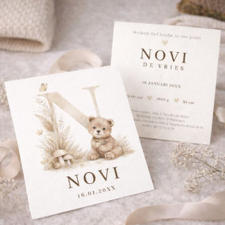Monogram N Beer Neutraal Woodland Geboortekaartje Kort