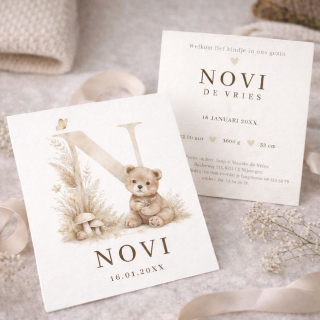 Monogram N Beer Neutraal Woodland Geboortekaartje Kort (Skapare uppladdad)