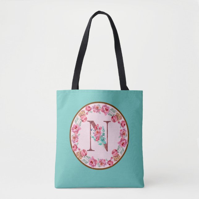 Monogram N Brev med Peony Flower Image Tote Bag Tygkasse (Framsida)