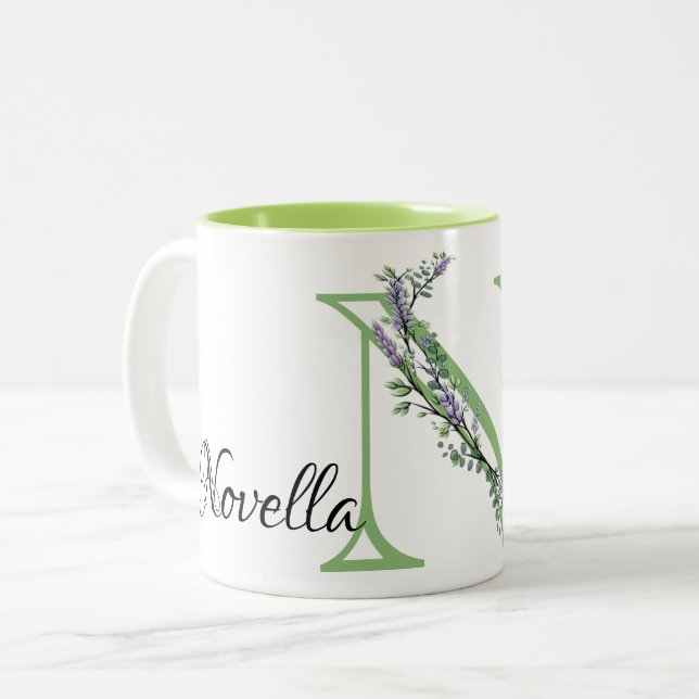 Monogram N Lavender Eucalyptus Två-Tonad Mugg (Framsida vänster)