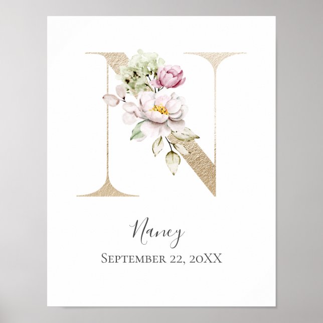 Monogram N Rosa Vit Blommig Bokstav Guld Barnkamma Poster (Framsidan)