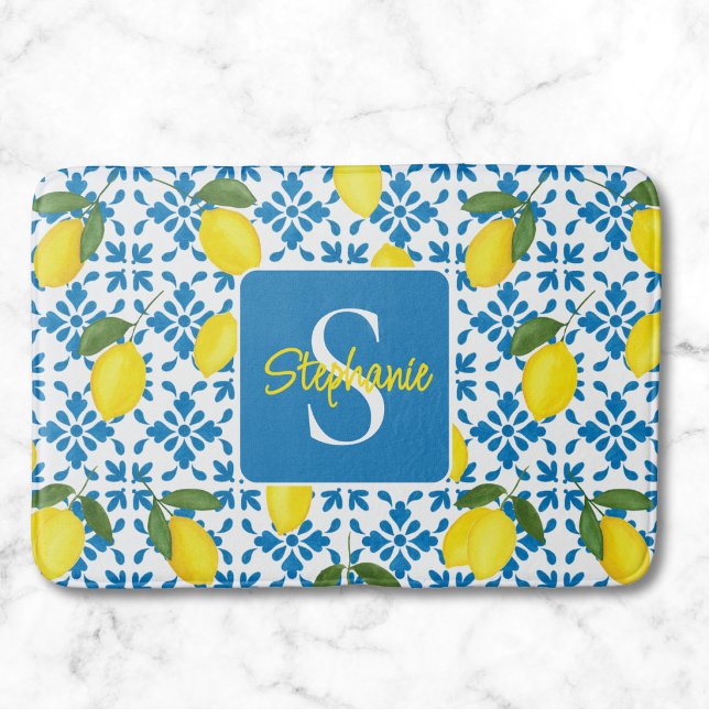 Monogram Name Blue French Tile Lemon Pattern  Badrumsmatta (Skapare uppladdad)