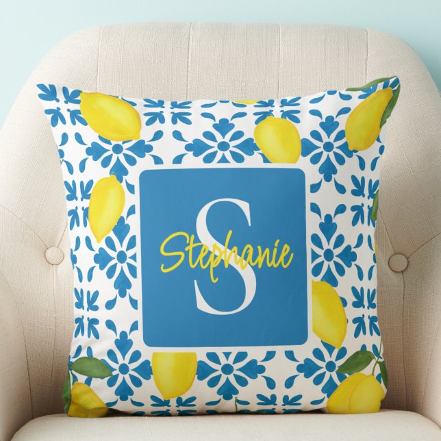 Monogram Name Blue French Tile Lemon Pattern  Kudde (Skapare uppladdad)
