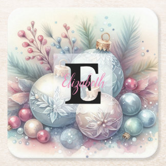 Monogram name Christmas tree ornaments watercolor  Underlägg Papper Kvadrat