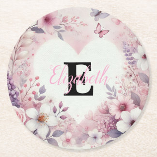 Monogram name floral hearts romantic watercolor underlägg papper rund