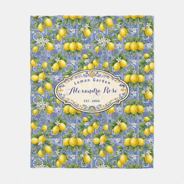 Monogram Name Lemon Blue French Country Tile  Fleecefilt (Framsidan)
