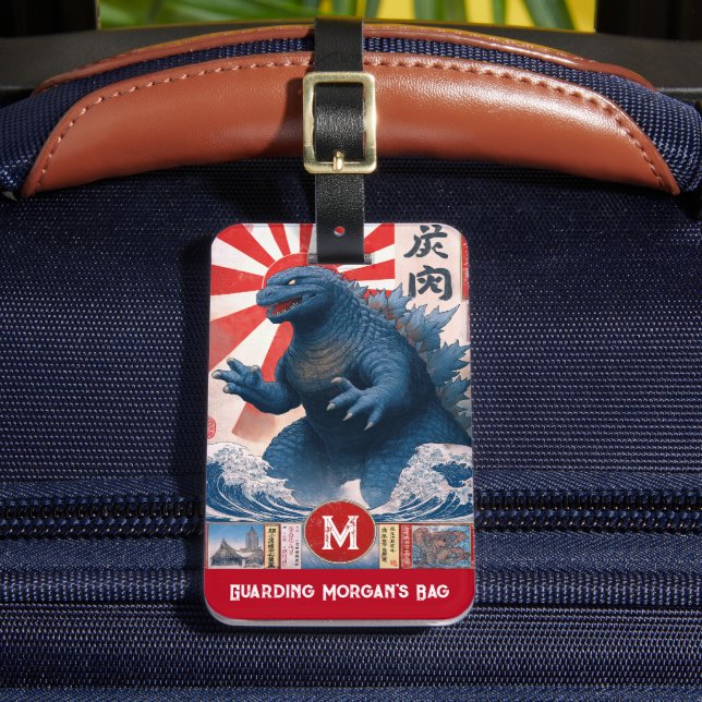 Monogram Name Lizard Monster Funny Retro Bagagebricka (Framsida Insitu 2)