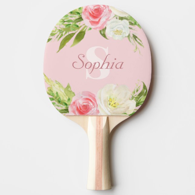 Monogram Name Pink Watercolor Floral Pingisracket (Framsidan)