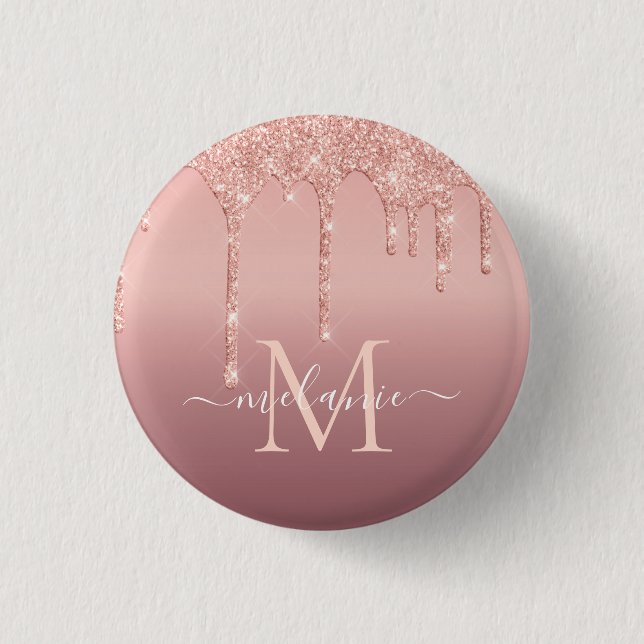 Monogram Name Text Rose Gold Blush Glitter Button Knapp (Framsida)