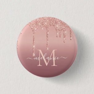 Monogram Name Text Rose Gold Blush Glitter Button Knapp