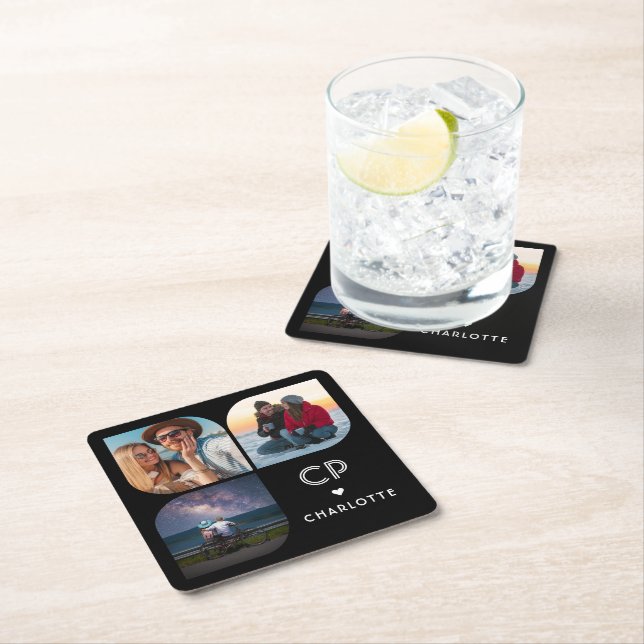 Monogram Namn 3 Foto Modern Trendig Enkel Underlägg Papper Kvadrat (Insitu)