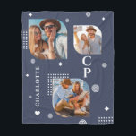 Monogram Namn 3 Photo Collage Trendig Fleecefilt<br><div class="desc">Monogram Namn 3 Photo Collage Trendig Modern Fleece Blanket har en fotokollage av tre av dina favoritfoton med personlig namn och ett monogram i elegant, vitt skript på blå bakgrund. Anpassa genom att redigera texten i de angivna textrutorna. Perfekt för födelsedag, jul, Mors dag, Fars dag, syster, kusiner, bästa vänner...</div>