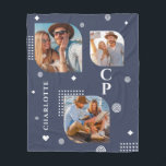 Monogram Namn 3 Photo Collage Trendig Fleecefilt<br><div class="desc">Monogram Namn 3 Photo Collage Trendig Modern Fleece Blanket har en fotokollage av tre av dina favoritfoton med personlig namn och ett monogram i elegant, vitt skript på blå bakgrund. Anpassa genom att redigera texten i de angivna textrutorna. Perfekt för födelsedag, jul, Mors dag, Fars dag, syster, kusiner, bästa vänner...</div>
