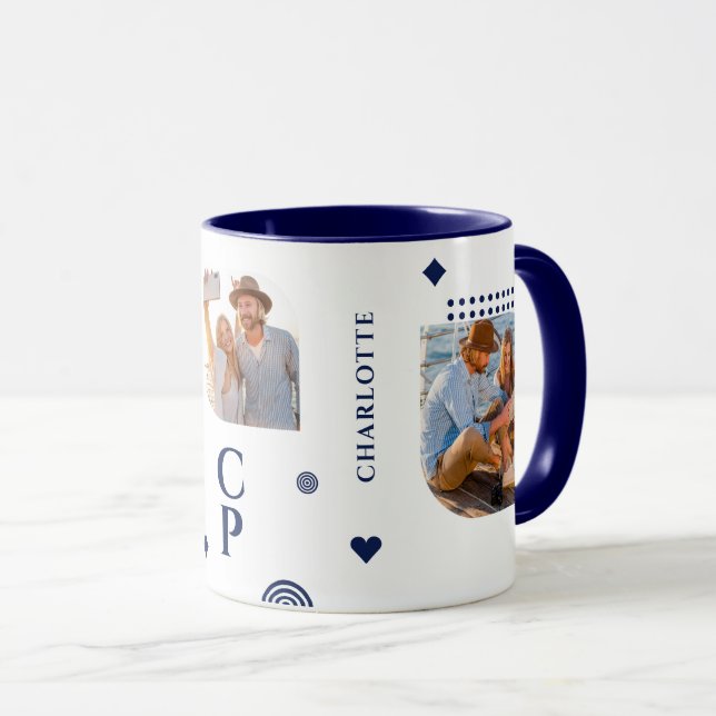Monogram Namn 3 Photo Collage Trendig Modern kaffe Mugg (Framsida höger)