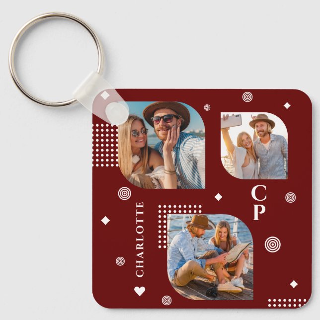 Monogram Namn 3 Photo Collage Trendig Nyckelring (Framsida)
