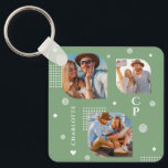 Monogram Namn 3 Photo Collage Trendig Nyckelring<br><div class="desc">Monogram Namn 3 Photo Collage Trendig Modern Keychain har en fotosamling av tre av dina favoritfoton med personlig namn och ett monogram i elegant-vita skript på gröntens bakgrund. Anpassa genom att redigera texten i de angivna textrutorna. Perfekt för födelsedag, jul, Mors dag, Fars dag, syster, kusiner, bästa vänner och mycket...</div>