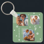 Monogram Namn 3 Photo Collage Trendig Nyckelring<br><div class="desc">Monogram Namn 3 Photo Collage Trendig Modern Keychain har en fotosamling av tre av dina favoritfoton med personlig namn och ett monogram i elegant-vita skript på gröntens bakgrund. Anpassa genom att redigera texten i de angivna textrutorna. Perfekt för födelsedag, jul, Mors dag, Fars dag, syster, kusiner, bästa vänner och mycket...</div>