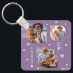Monogram Namn 3 Photo Collage Trendig Nyckelring<br><div class="desc">Monogram Namn 3 Photo Collage Trendig Modern Keychain har en fotokollage av tre av dina favoritfoton med personlig namn och ett monogram i elegant-vita skript på lila bakgrund. Anpassa genom att redigera texten i textrutorna. Perfekt för födelsedag, jul, Mors dag, Fars dag, syster, kusiner, bästa vänner och mycket annat. PHOTO...</div>