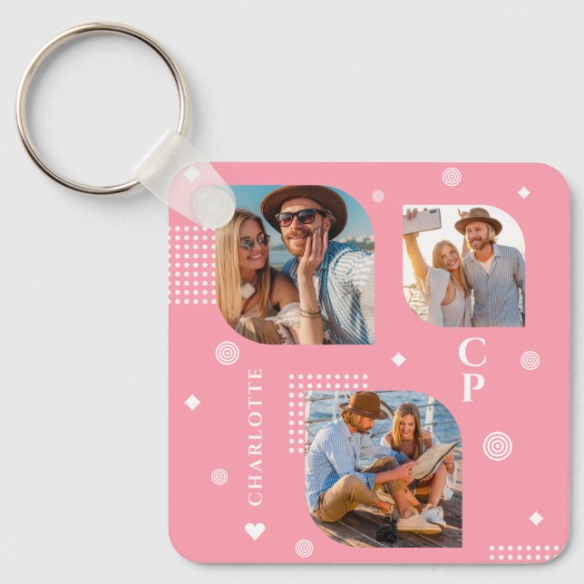 Monogram Namn 3 Photo Collage Trendig Nyckelring (Framsida)