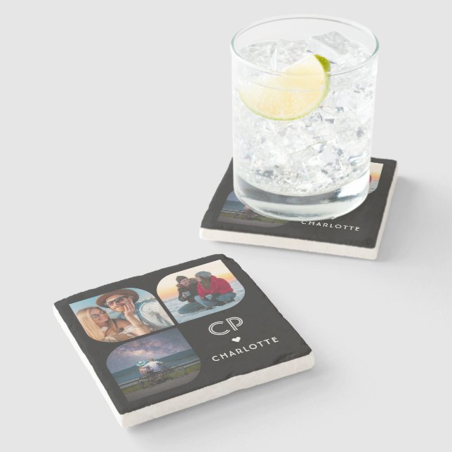 Monogram Namn 3 Photo Modern Trendig enkelt Stenunderlägg (Sidan)