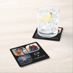 Monogram Namn 3 Photo Modern Trendig enkelt Underlägg Papper Kvadrat