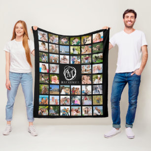 Monogram Namn 44 Photo Collage Editable Black Fleecefilt