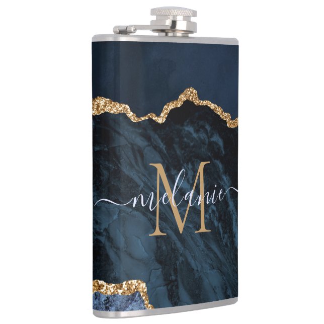 Monogram Namn Agat Marinblå Guld Ädelsten Marmor Fickplunta (Höger)