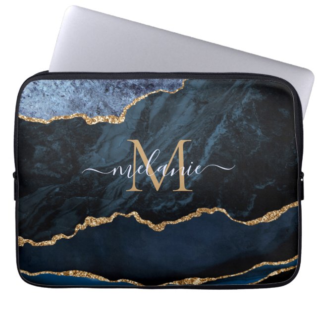 Monogram Namn Agate Blue Guld Marble Laptop sleeve (Framsidan)