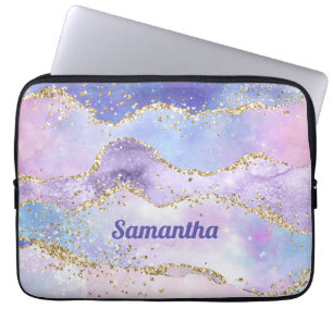 Monogram Namn Agate Guld Glitter Rosa Lila Blue Laptop Fodral