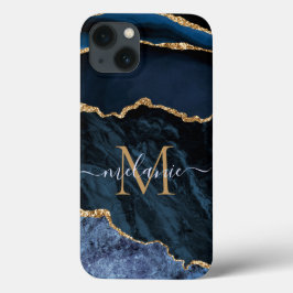 Monogram Namn Agate marinblå Guld iphone case