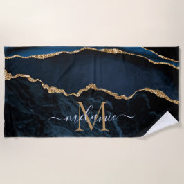 Monogram Namn Agate Navy Blue Guld Beach Towel