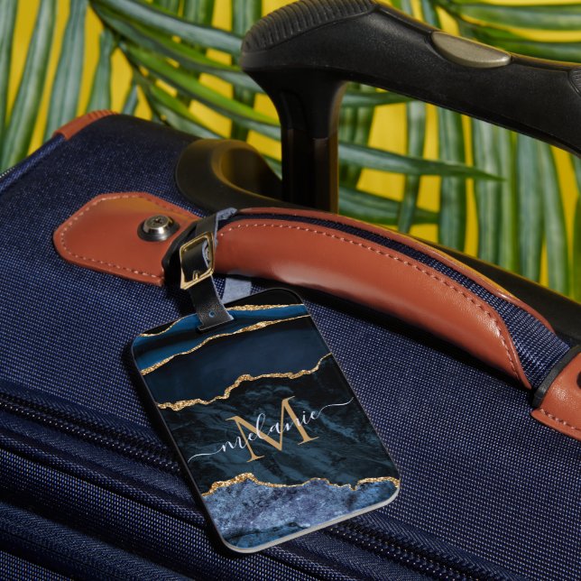Monogram Namn Agate Navy Blue Guld Gemstone Marble Bagagebricka (Framsida Insitu 1)