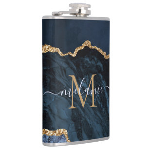 Monogram Namn Agate Navy Blue Guld Gemstone Marble Fickplunta